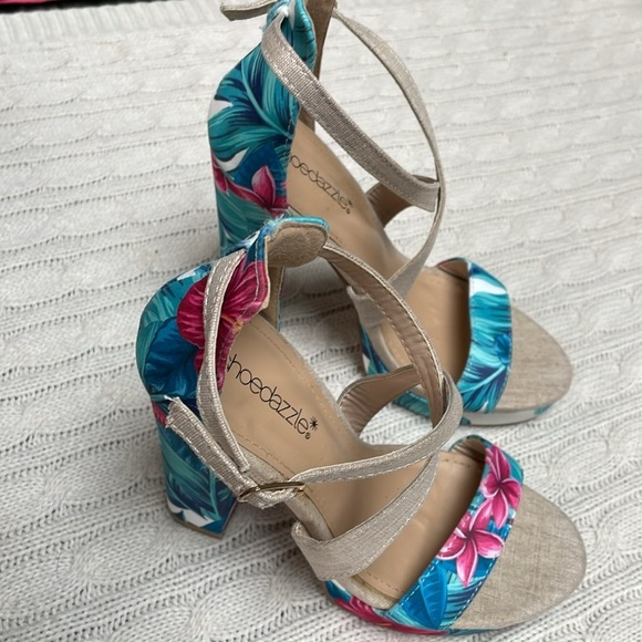 Women’s sz 7 shoedazzle Natalia 5” heels tropical platform chunk crossed strap - Picture 6 of 14